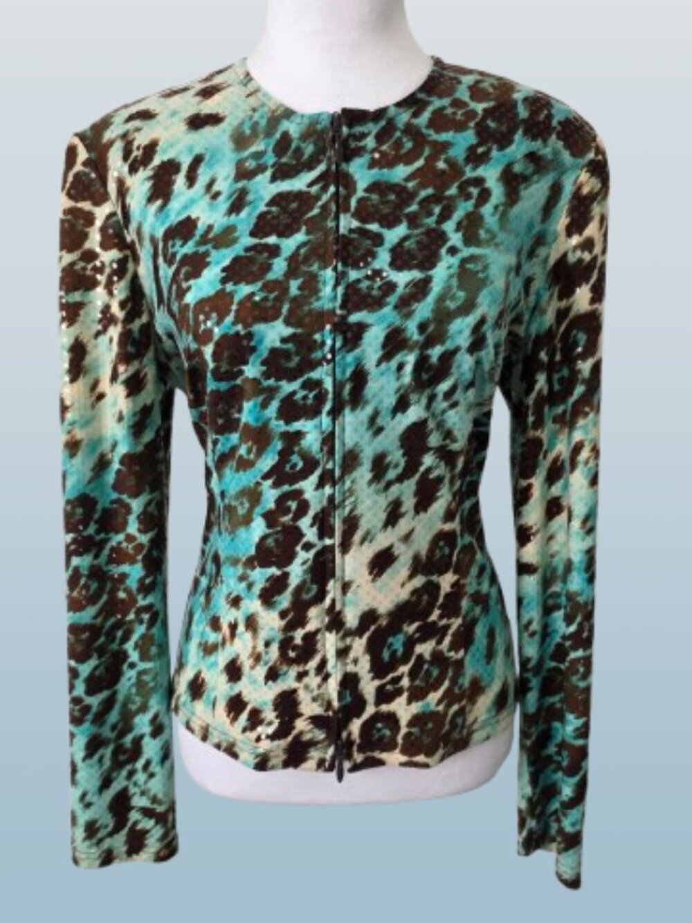 Joseph Ribkoff Aqua Leopard Print Paillette Zip Blazer Jacket | Size 12 - Picture 2 of 9